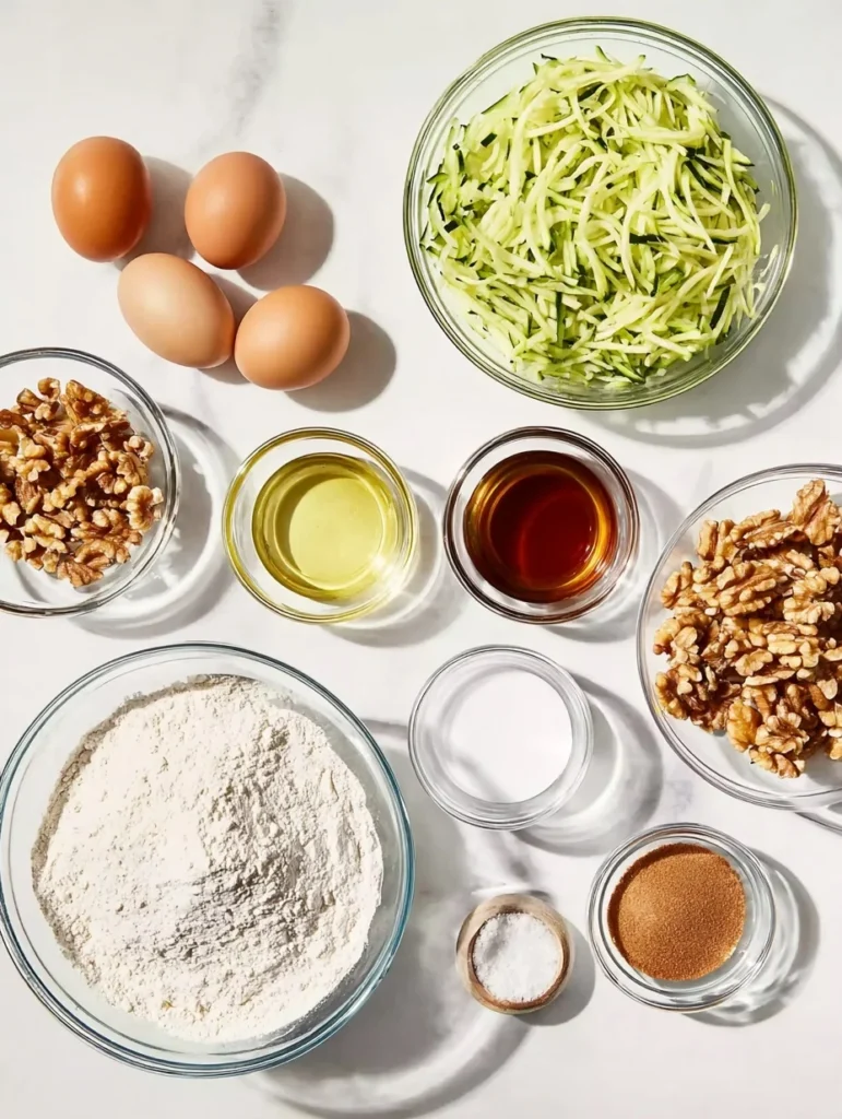 Overhead view of zucchini bread ingredients including grated zucchini, eggs, flour, walnuts, oil, vanilla, sugar, cinnamon, baking soda, baking powder, and salt in glass bowls on a white countertop.
