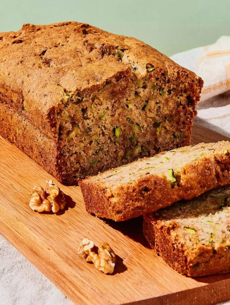 Freshly baked zucchini bread loaf with walnuts, sliced on a wooden cutting board