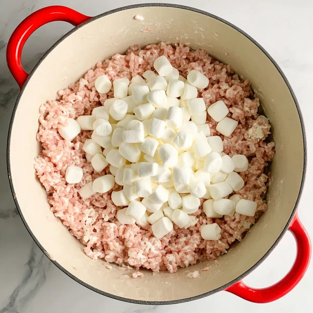 Mini marshmallows on top of pink strawberry Rice Krispies mixture in a large red pot