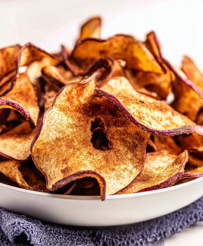 Air fryer apple chips recipe served in a white bowl