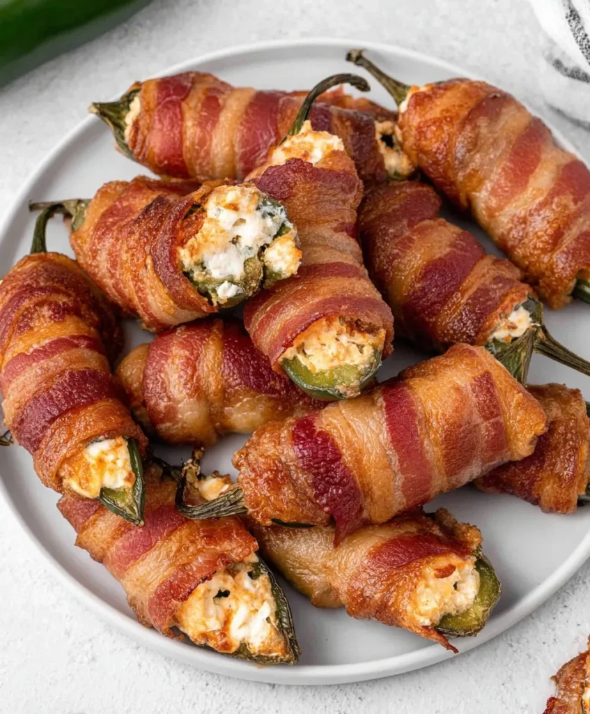 Air fryer jalapeño poppers wrapped in crispy bacon and stuffed with cream cheese filling on a white plate