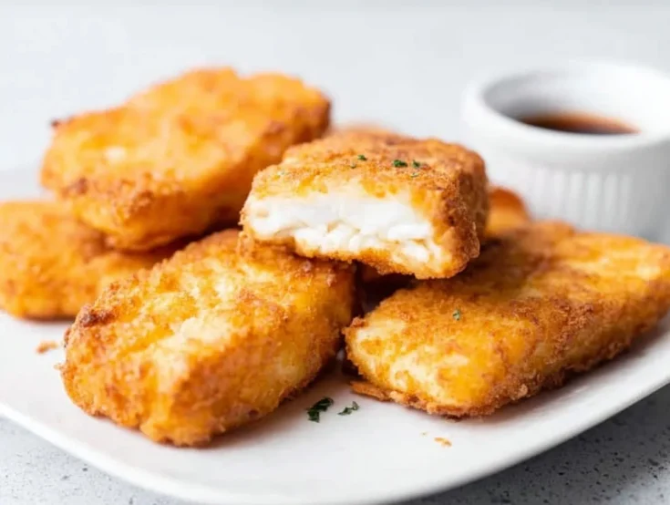 Air fryer fish fillets stacked on a plate with sauce in background