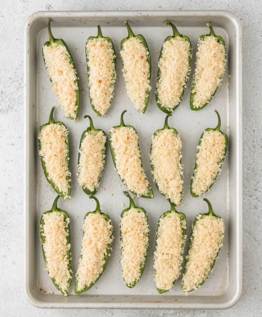Uncooked jalapeño poppers stuffed with cheese and bacon, coated in breadcrumbs, arranged on a baking tray before air frying