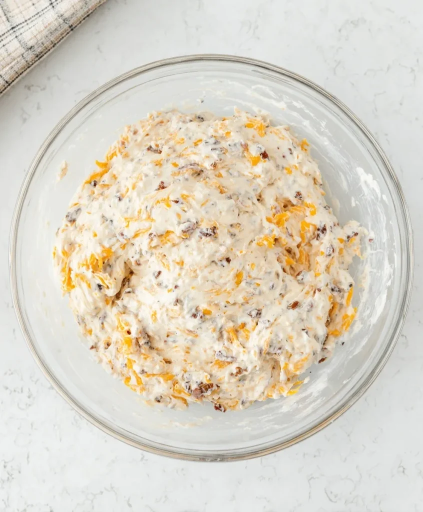 Cream cheese, shredded cheddar, and chopped bacon mixed together in a glass bowl for jalapeño poppers filling