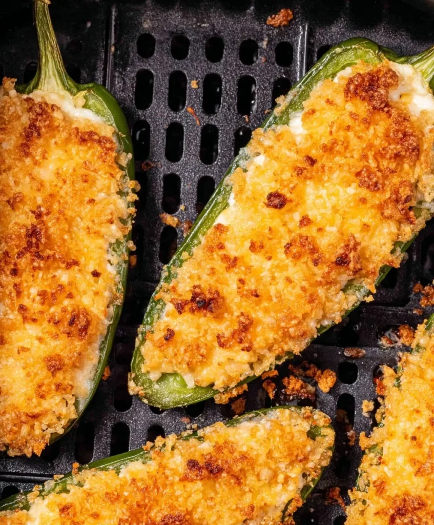 Golden brown air fryer jalapeño poppers with crispy breadcrumb topping close-up in basket