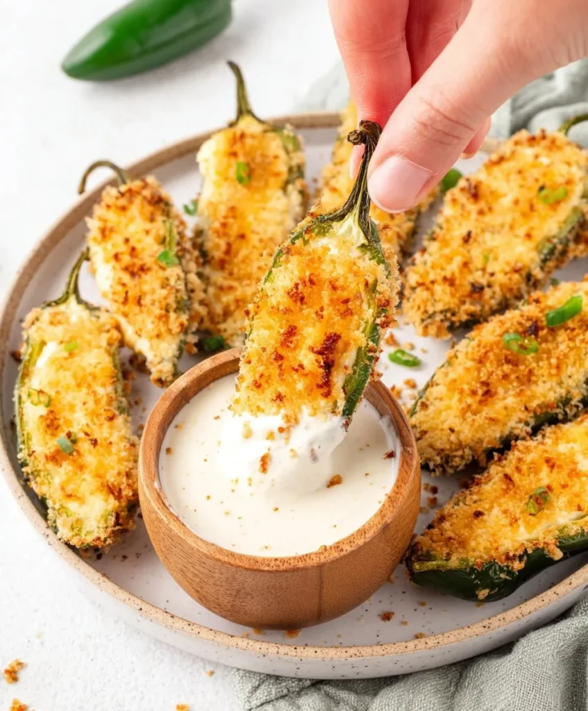 Crispy air fryer jalapeño popper being dipped into creamy ranch sauce