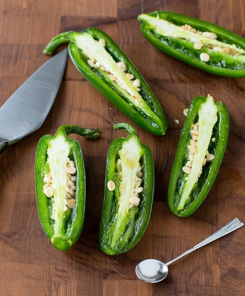 Fresh jalapeños sliced in half with seeds and membranes visible on a wooden cutting board