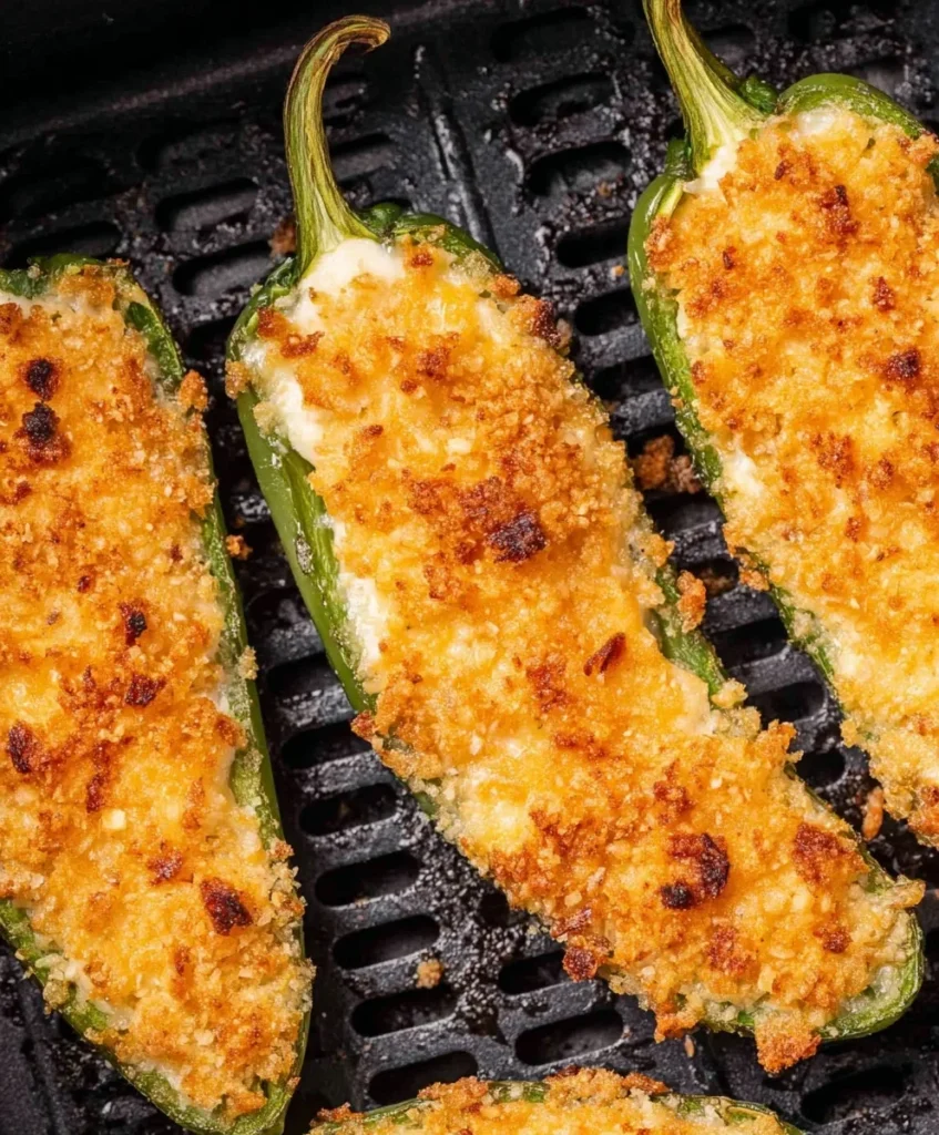 Close-up of golden crispy breadcrumb-topped jalapeño poppers cooked in the air fryer