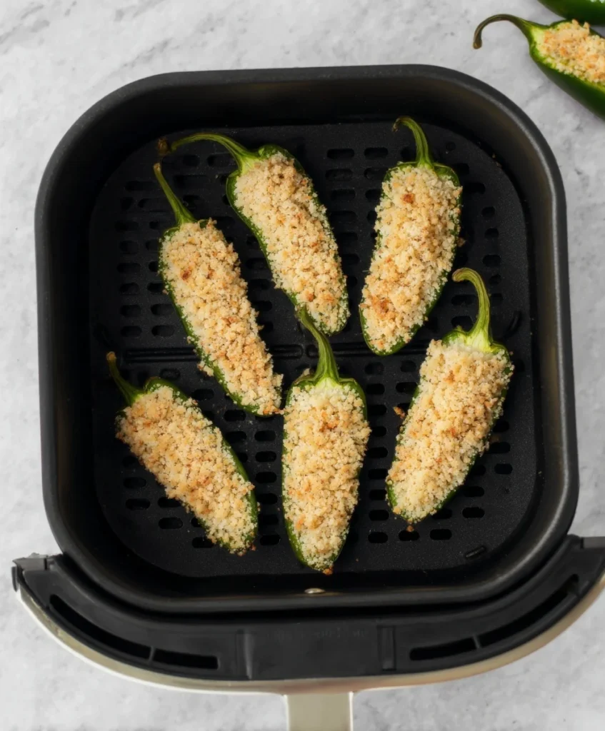 Breadcrumb-coated jalapeño poppers arranged in an air fryer basket before cooking