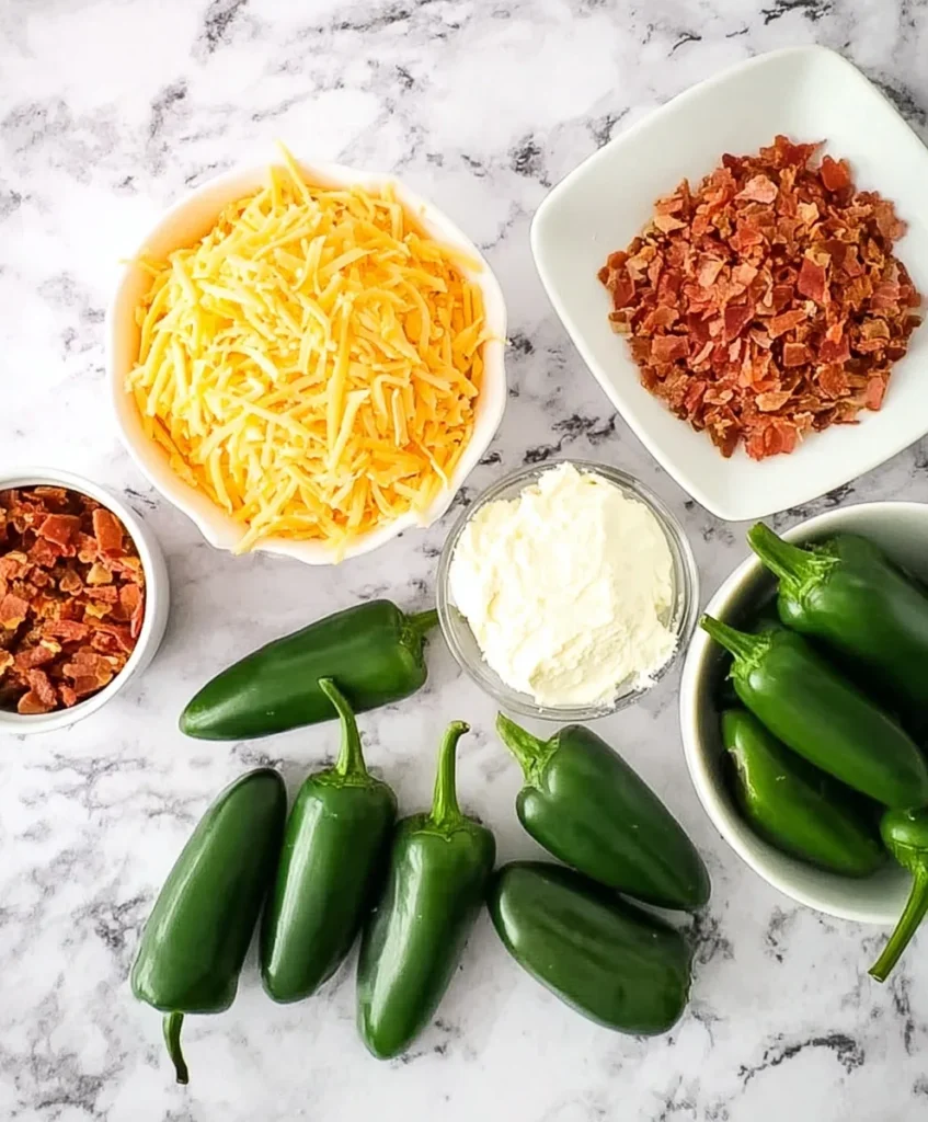 Fresh jalapeños, shredded cheese, cream cheese, and chopped bacon laid out for air fryer jalapeño poppers recipe