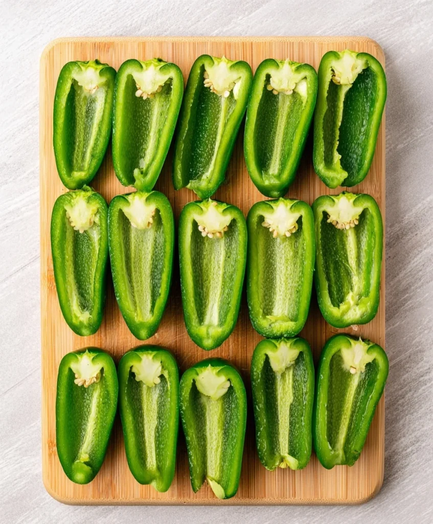 Fresh jalapeños sliced in half and seeded on a wooden cutting board ready for stuffing