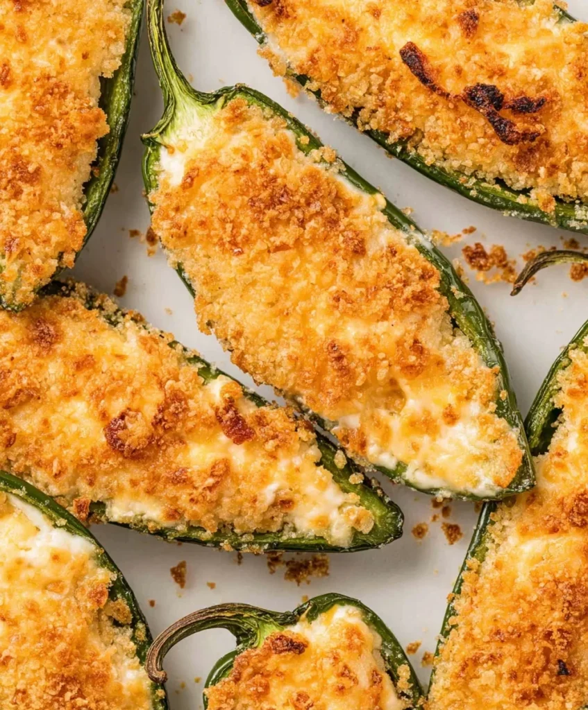 Crispy golden air fryer jalapeño poppers served on a white platter with cheesy filling