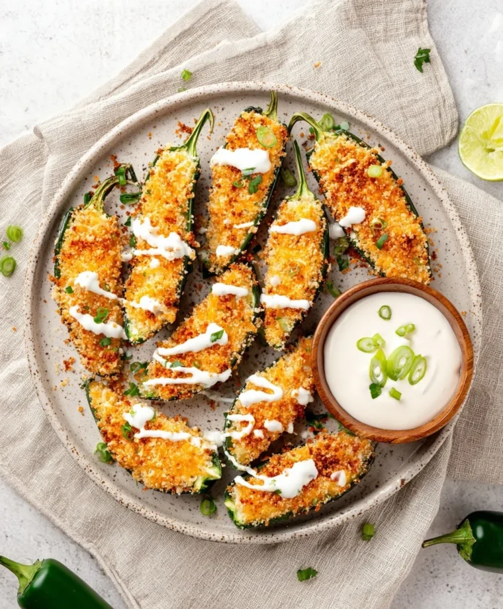 Crispy air fryer jalapeño poppers served on a plate with sour cream dipping sauce and green onions
