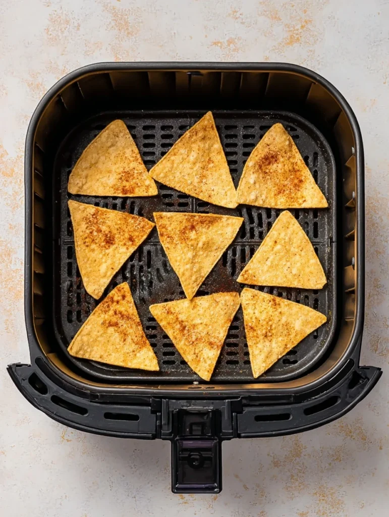 Seasoned tortilla triangles cooking in a single layer inside an air fryer basket