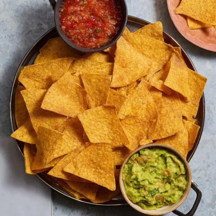 Bowl of golden air fryer tortilla chips served with fresh salsa and guacamole