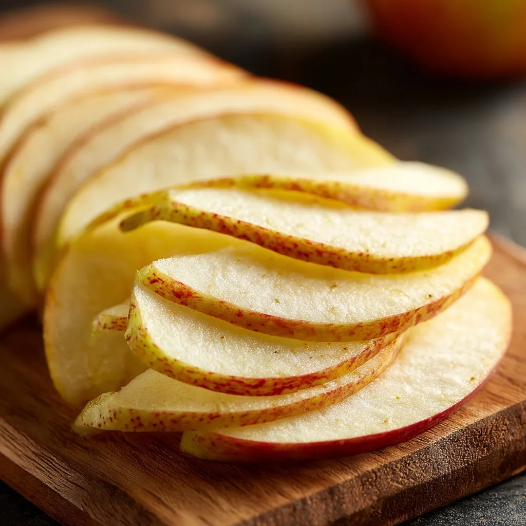 Fresh apple slices on a cutting board, ready to be seasoned with cinnamon.
