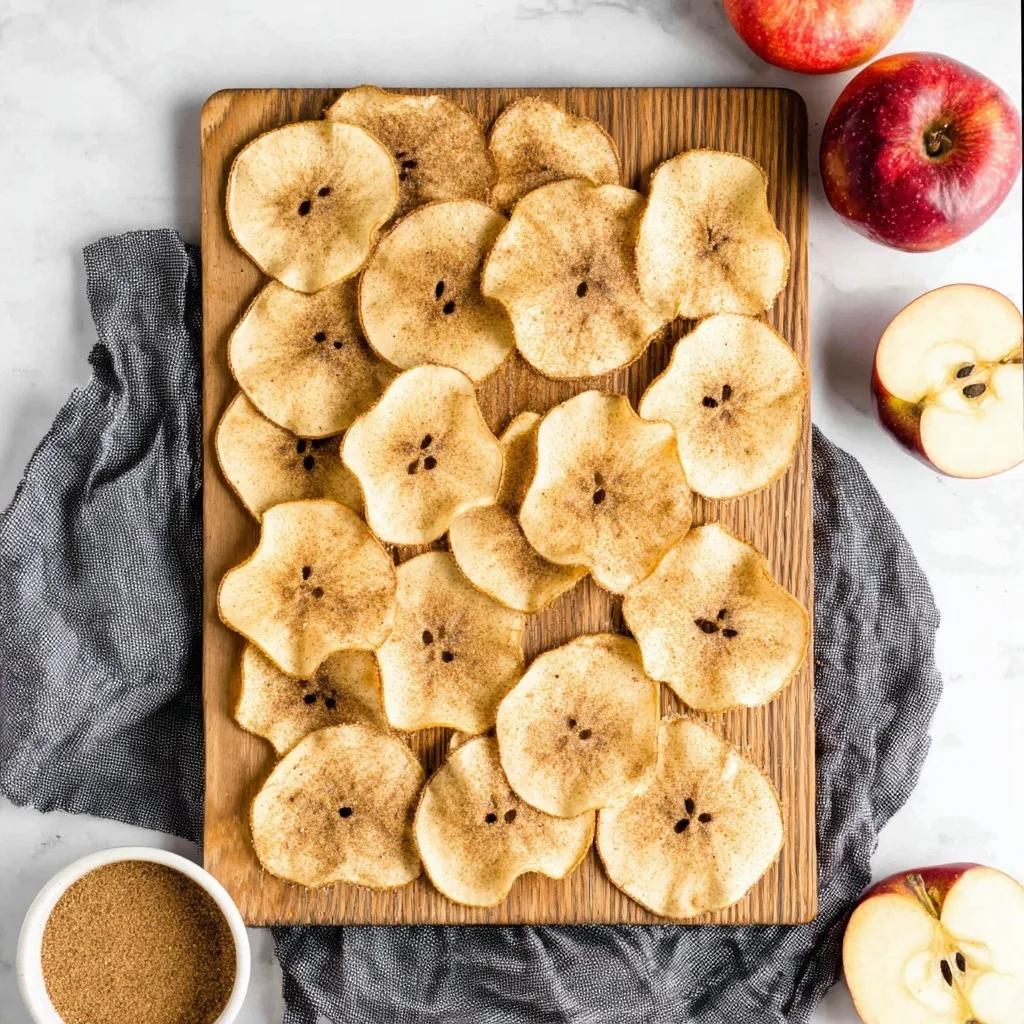 Apple slices sprinkled with cinnamon on a wooden board