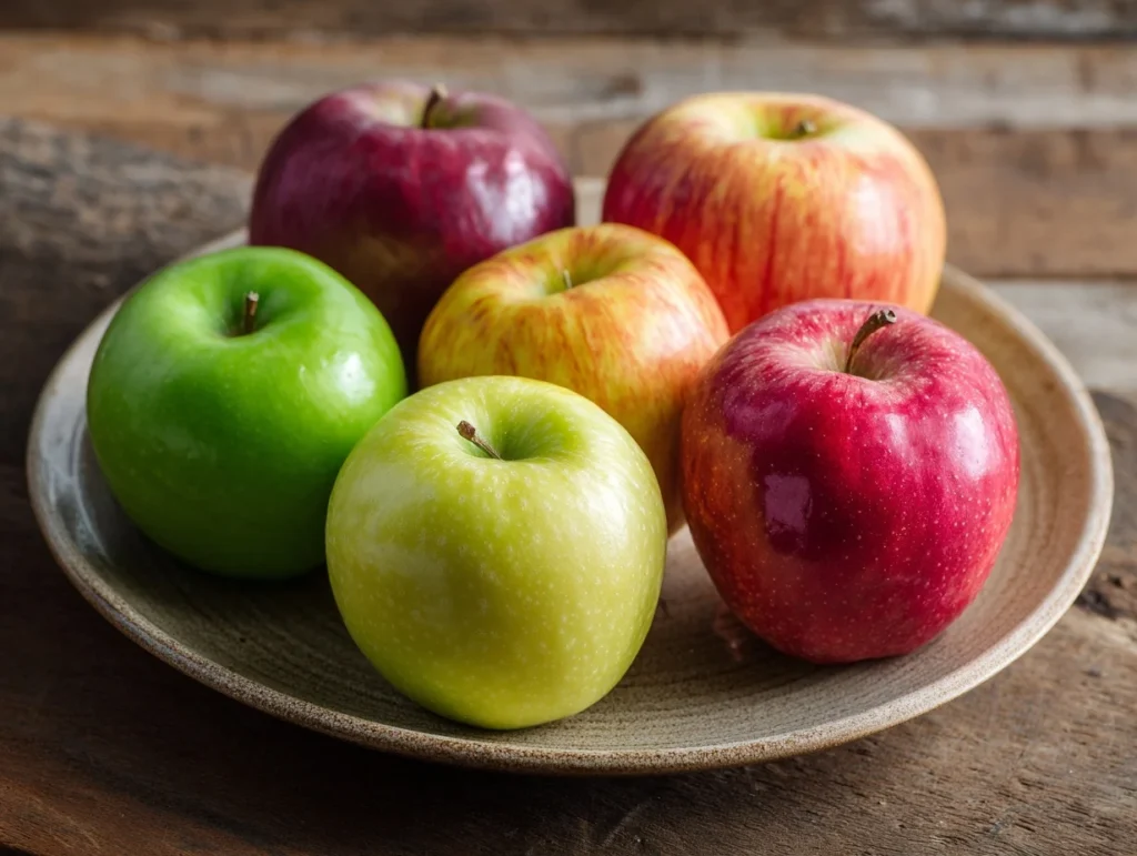 A plate with different types of apples including red, green, and yellow varieties.