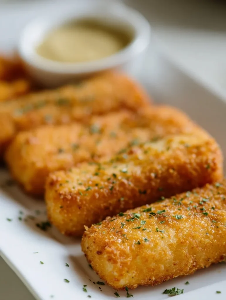 Golden breaded fish fillets on a plate with sauce in background