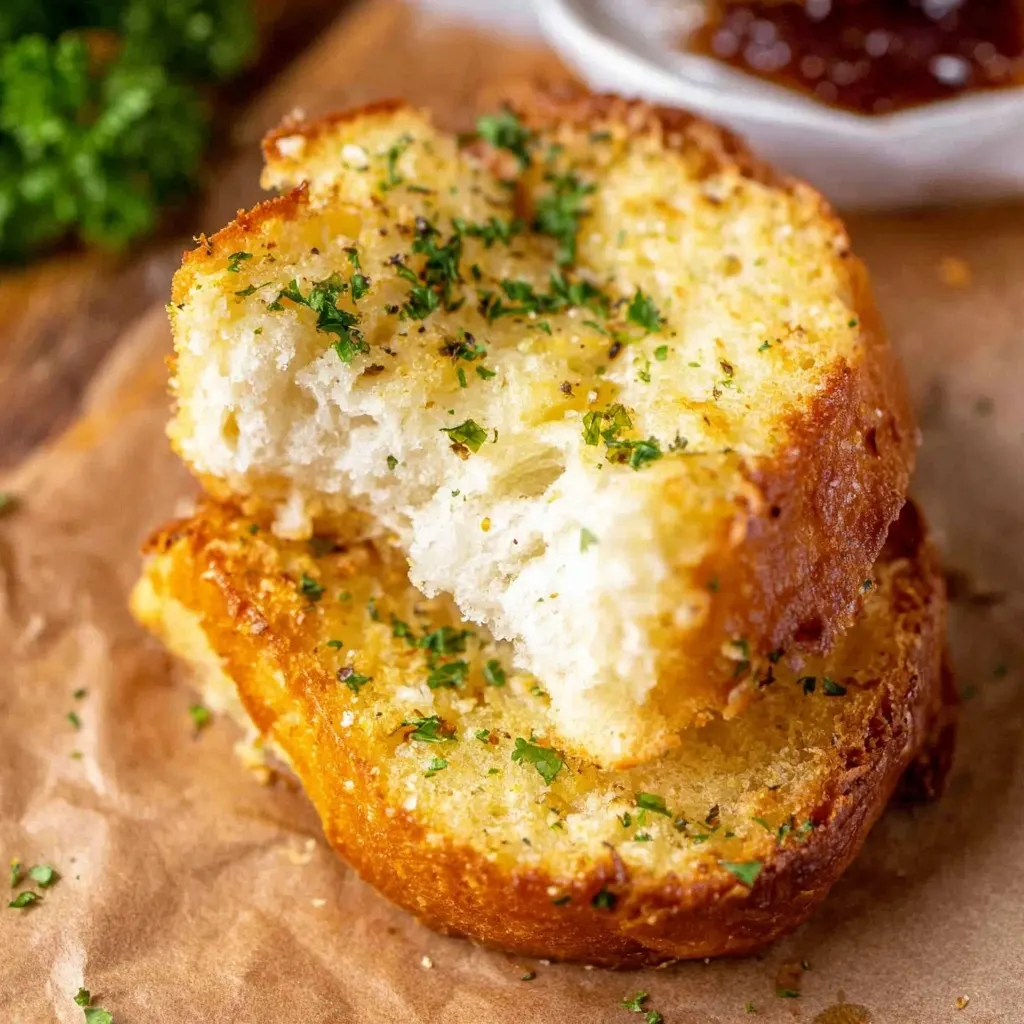 Buttery garlic Texas toast slices stacked with fresh parsley garnish