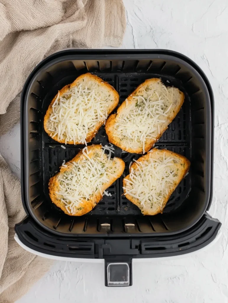 Uncooked garlic Texas toast topped with shredded cheese in an air fryer basket