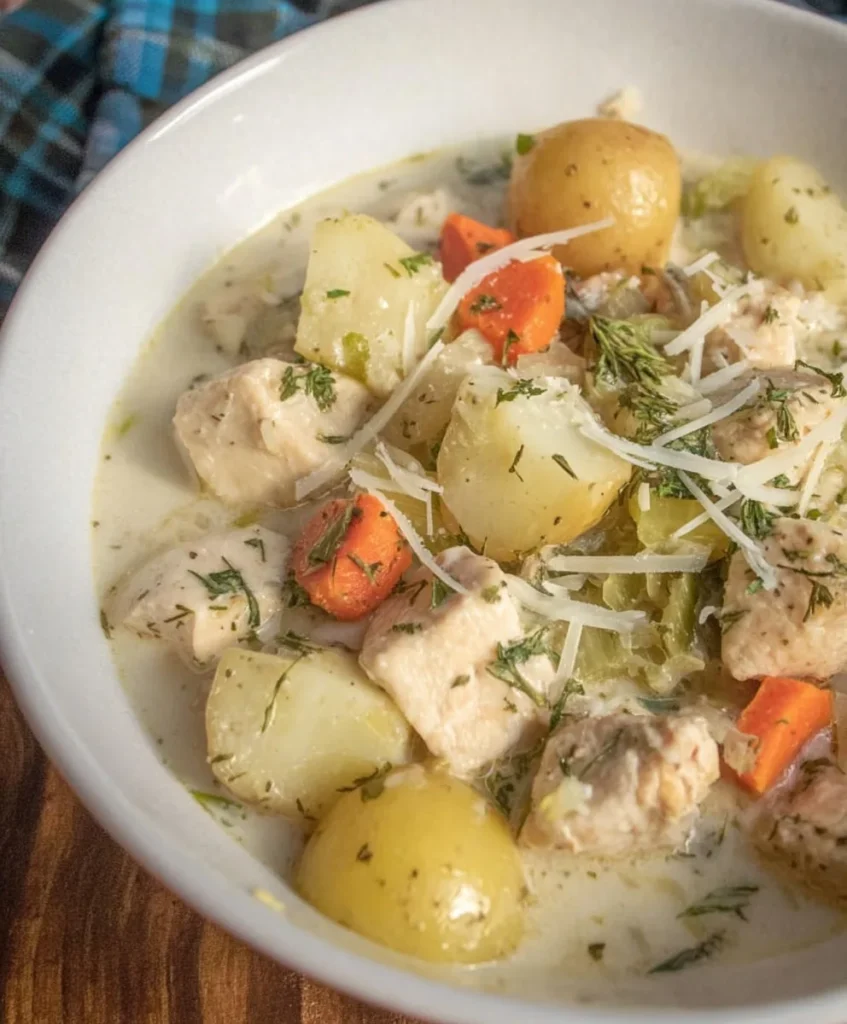 Bowl of creamy chicken stew with potatoes, carrots, herbs, and shredded parmesan cheese.