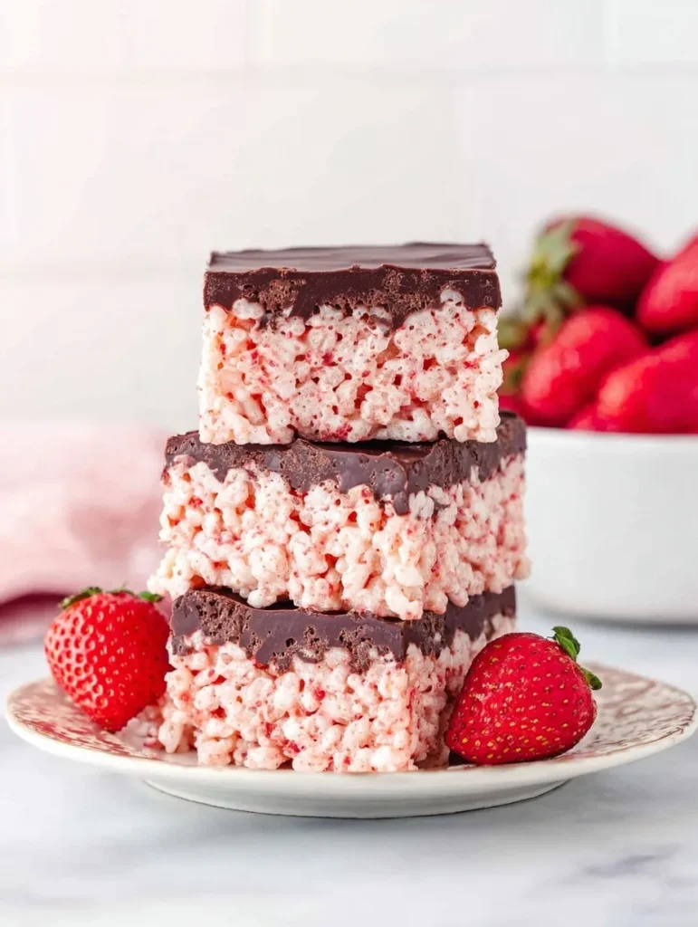 Stack of strawberry Rice Krispies bars topped with a thick layer of chocolate, served with fresh strawberries