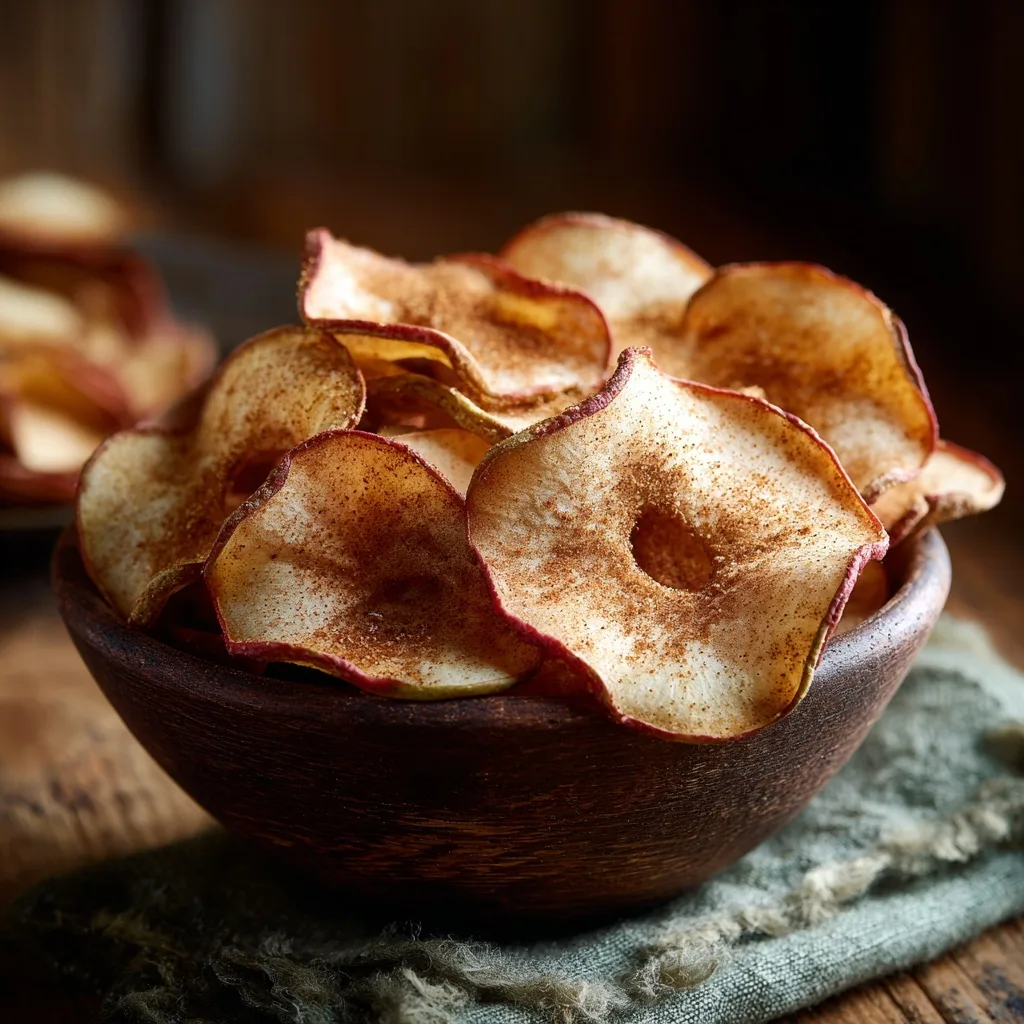 Close-up of crispy cinnamon air fryer apple chips served in a rustic wooden bowl.