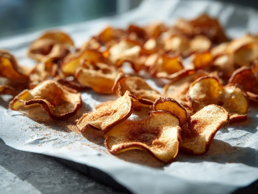 Homemade cinnamon apple chips cooling on parchment paper after air frying.