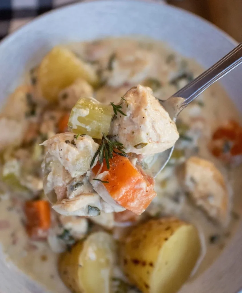Spoonful of creamy chicken stew with carrots, celery, and potatoes in a rich broth.