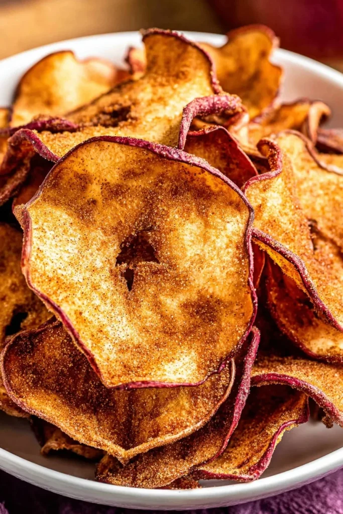 Close-up view of homemade apple chips in a white bowl