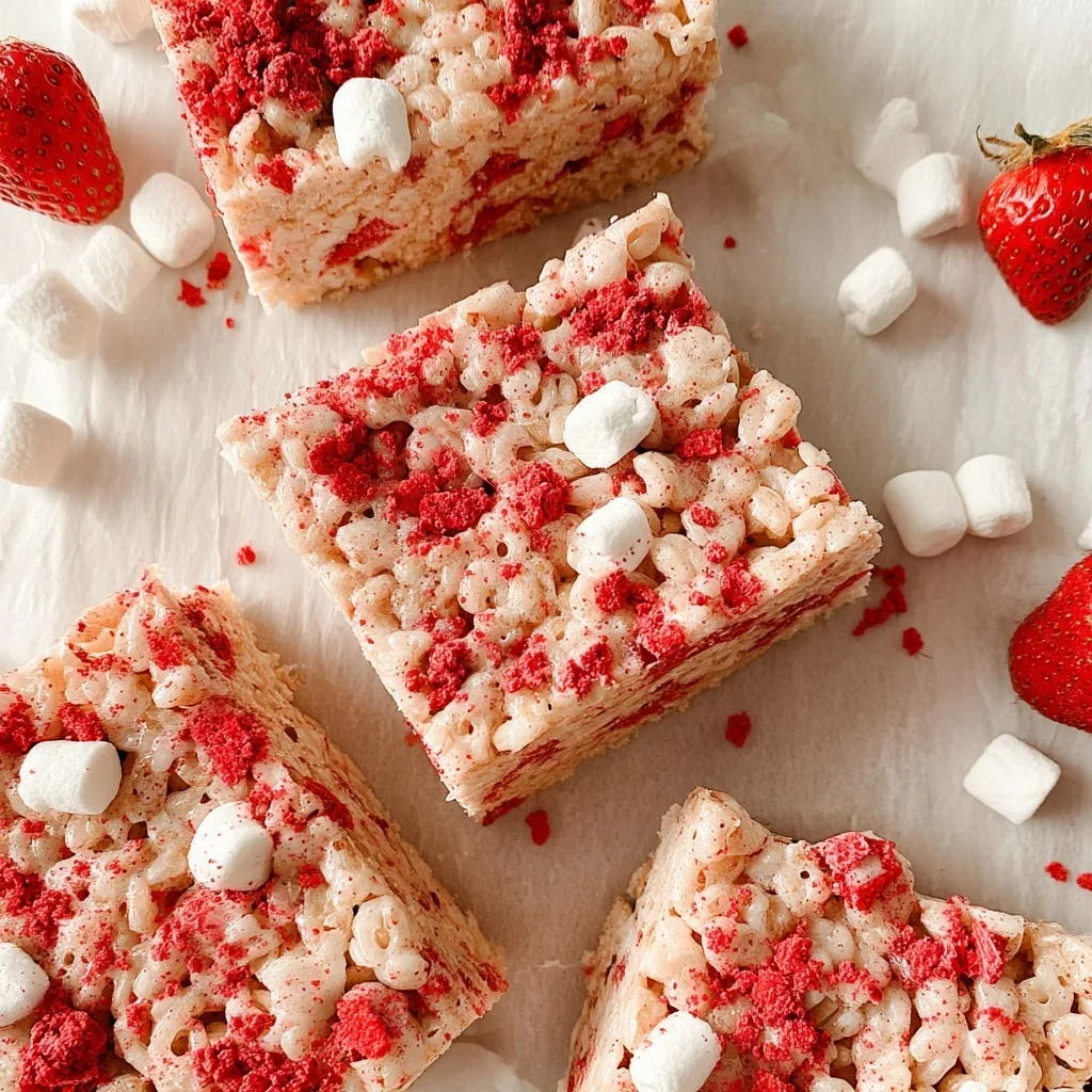 Close-up of strawberry Rice Krispies squares topped with freeze-dried strawberries and mini marshmallows