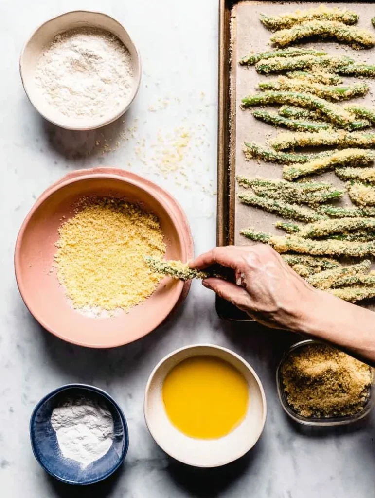 Hand dipping fresh green beans into breadcrumb mixture with bowls of flour, egg, and crumbs on the side.
