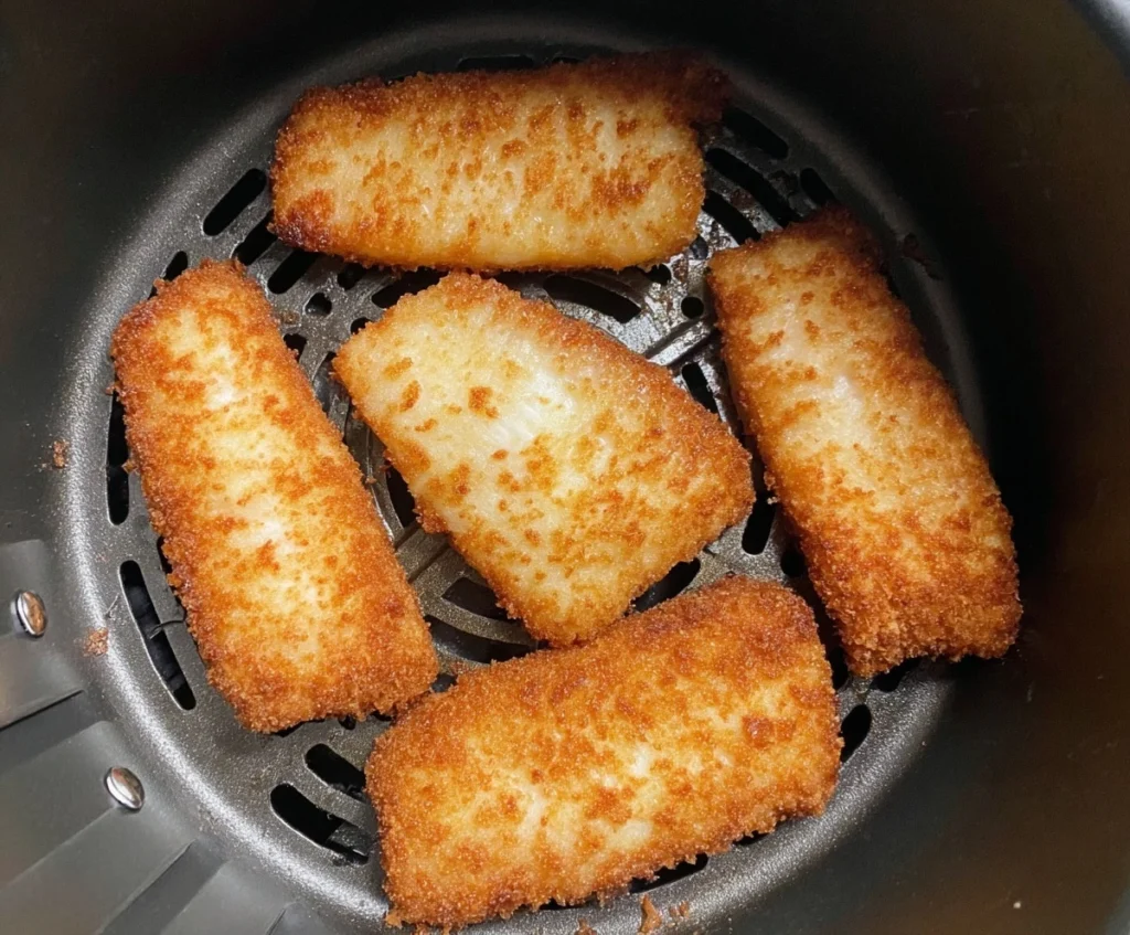 Frozen fish fillets in air fryer basket becoming crispy