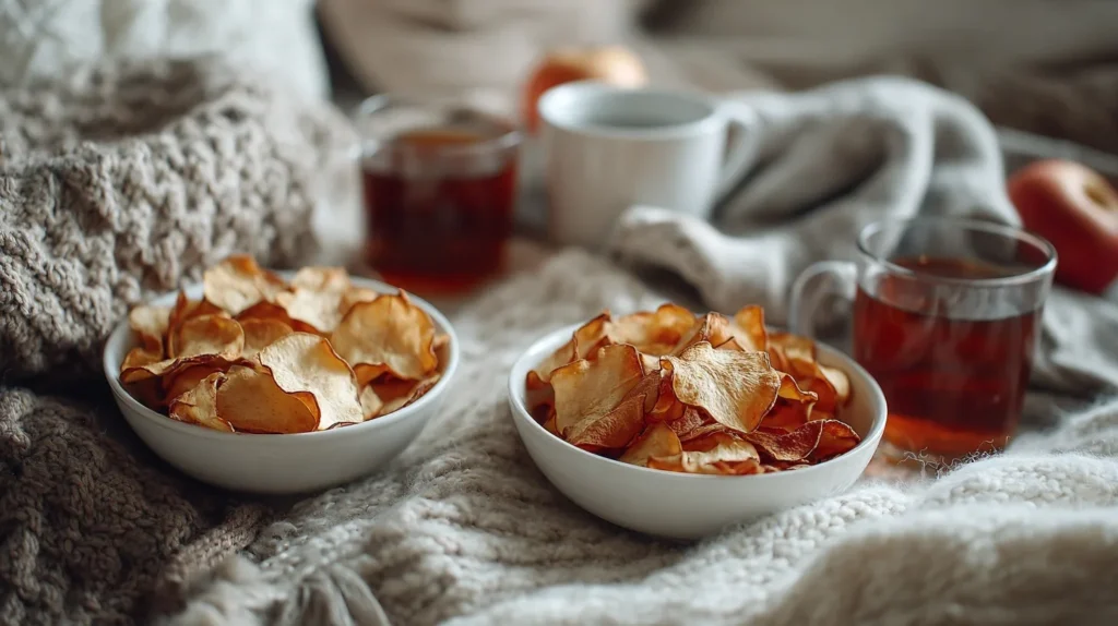 Two bowls of apple chips served with tea on a cozy blanket setting.