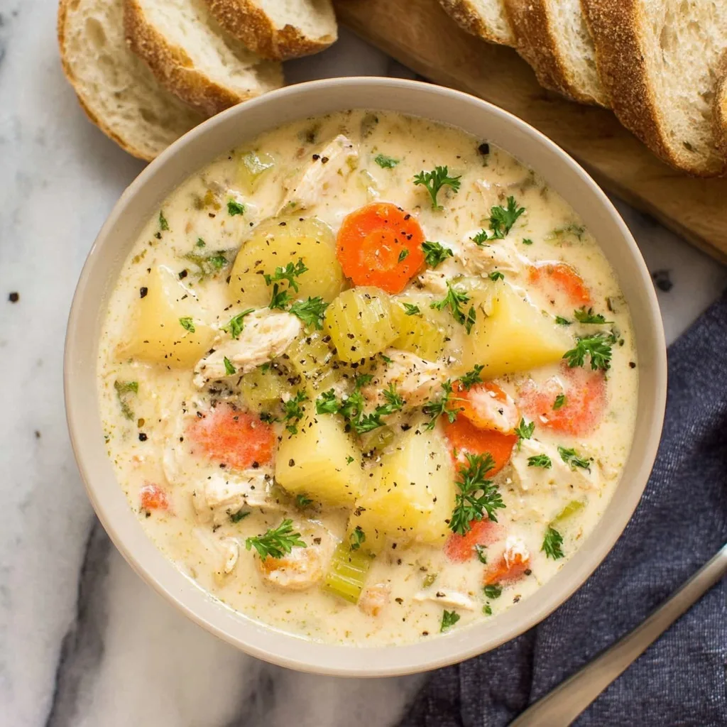 Overhead view of Slow Cooker Garlic Parmesan Chicken Stew with chicken, carrots, potatoes, and celery in a creamy garlic parmesan broth, served with bread.