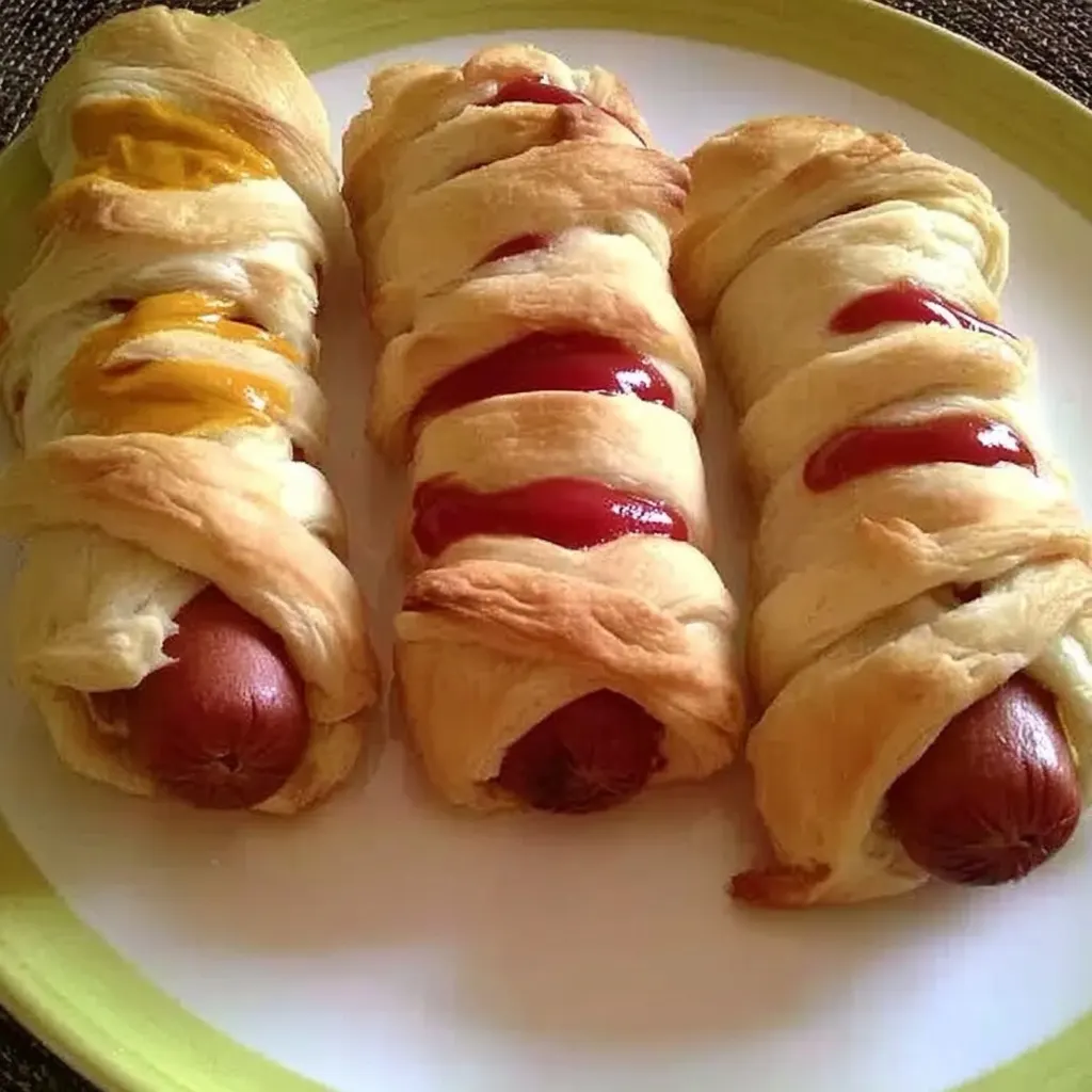 Three crescent-wrapped hot dogs on a plate topped with ketchup and mustard for a Halloween snack.