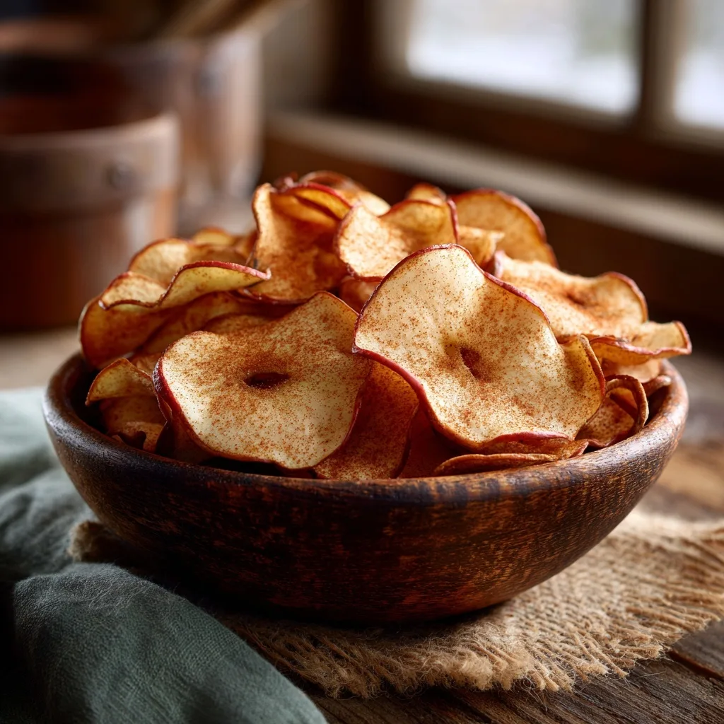Crispy homemade air fryer apple chips served in a rustic wooden bowl, sprinkled with cinnamon.