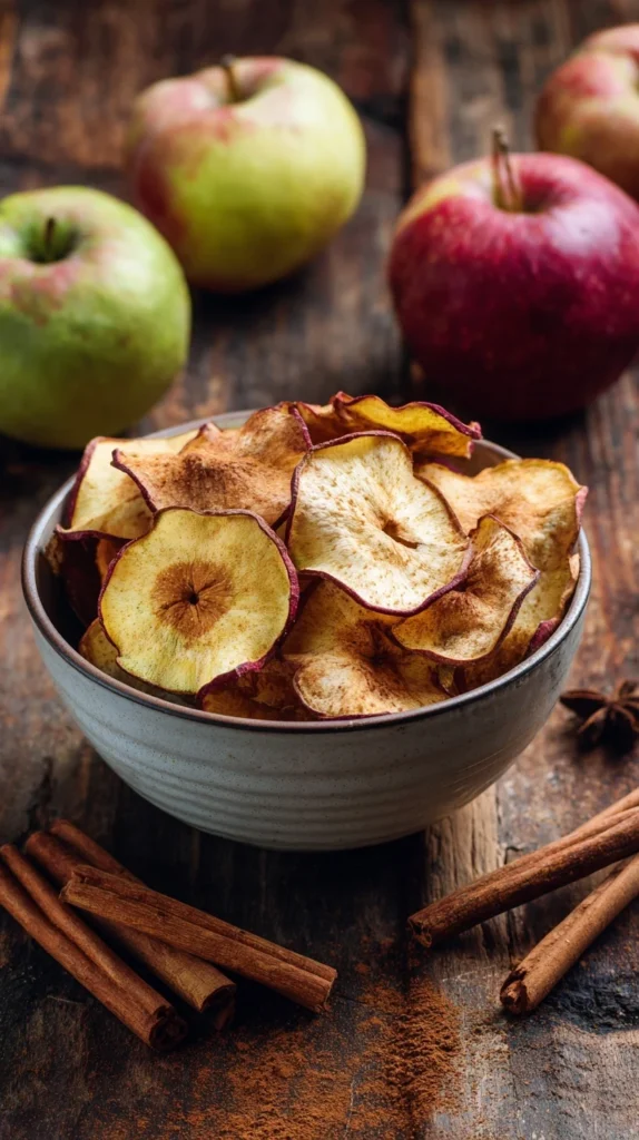 A bowl of crispy air fryer apple chips with fresh apples and cinnamon sticks on a rustic wooden table.