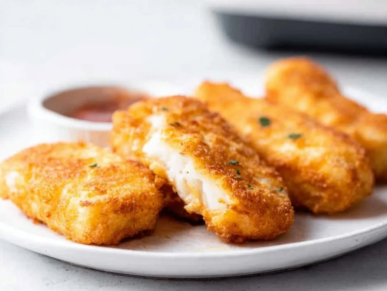 Air fryer fish fillet broken open showing flaky white fish