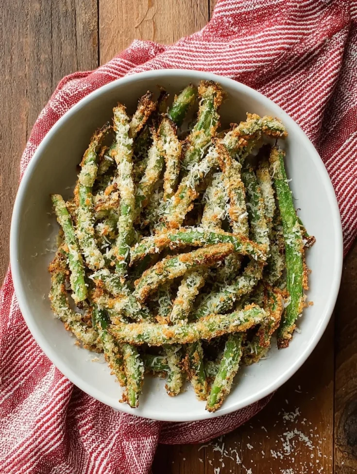 Crispy air fryer green bean fries in a bowl topped with shredded Parmesan cheese.