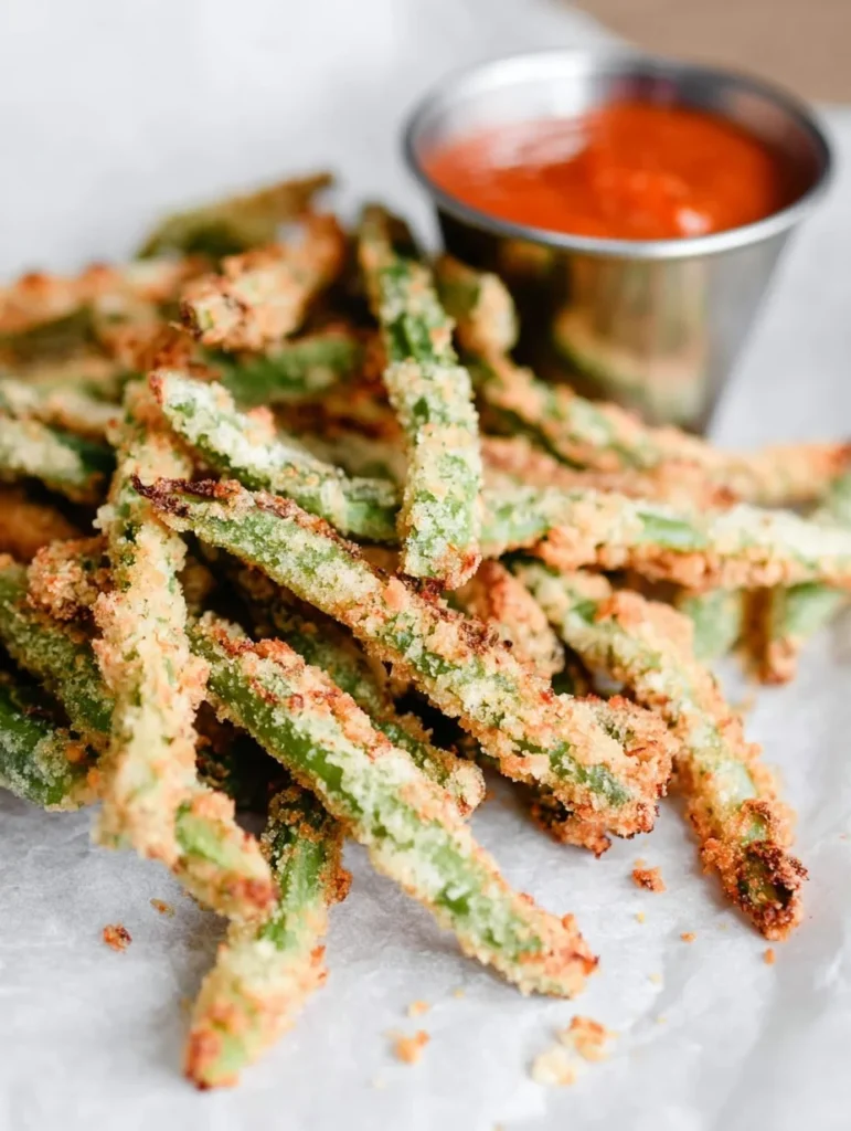 Close-up of crispy air fryer green bean fries served with a mayo and hot sauce dip.