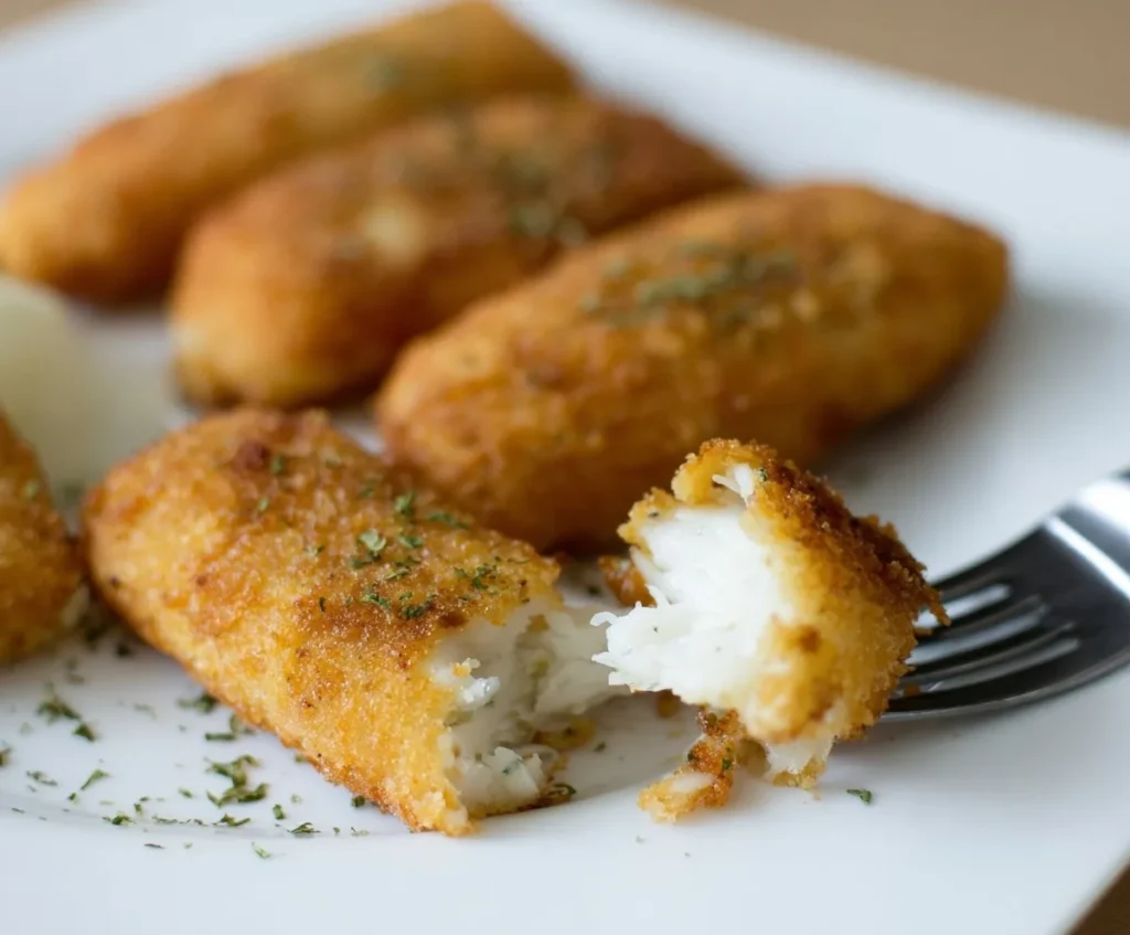 Crispy breaded fish fillet with flaky white inside on a plate