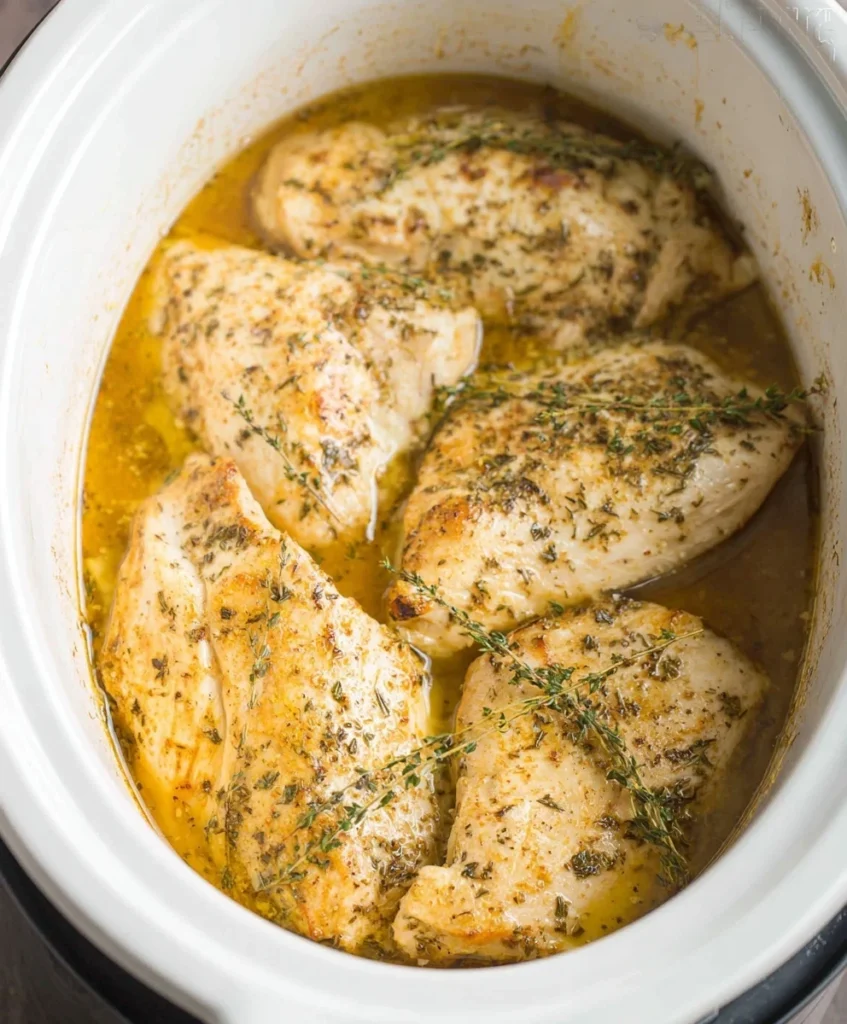 Tender crockpot chicken breast simmering in broth with herbs