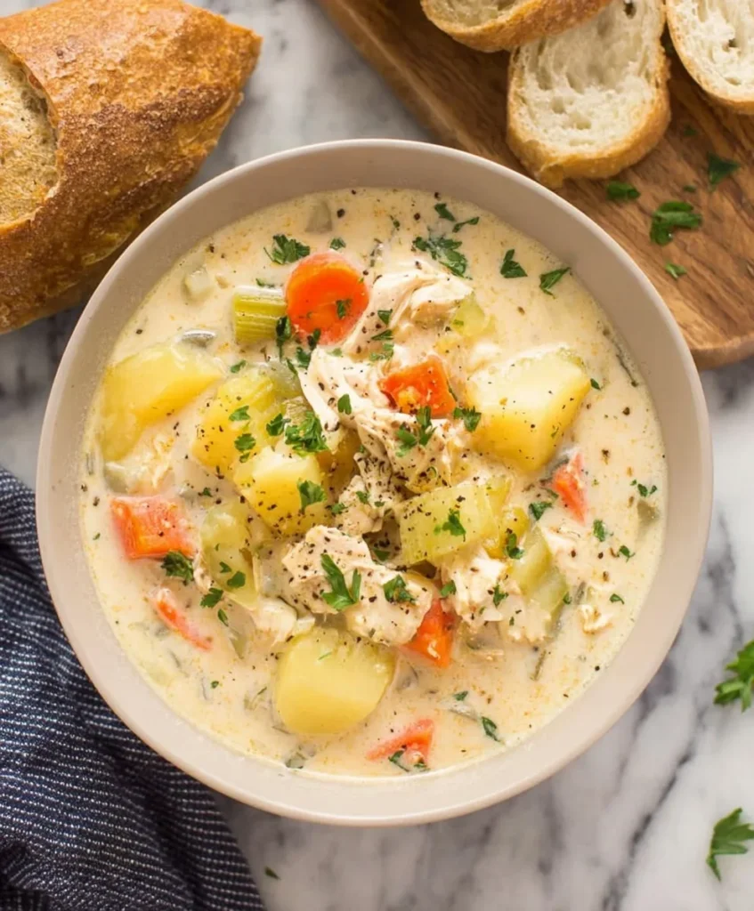 Bowl of creamy chicken stew with potatoes, carrots, and celery, garnished with parsley and served with crusty bread.