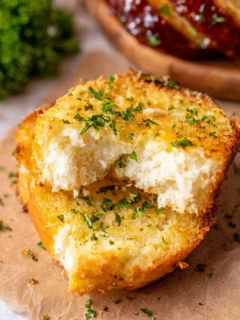 Freshly made garlic Texas toast slices topped with parsley on parchment paper