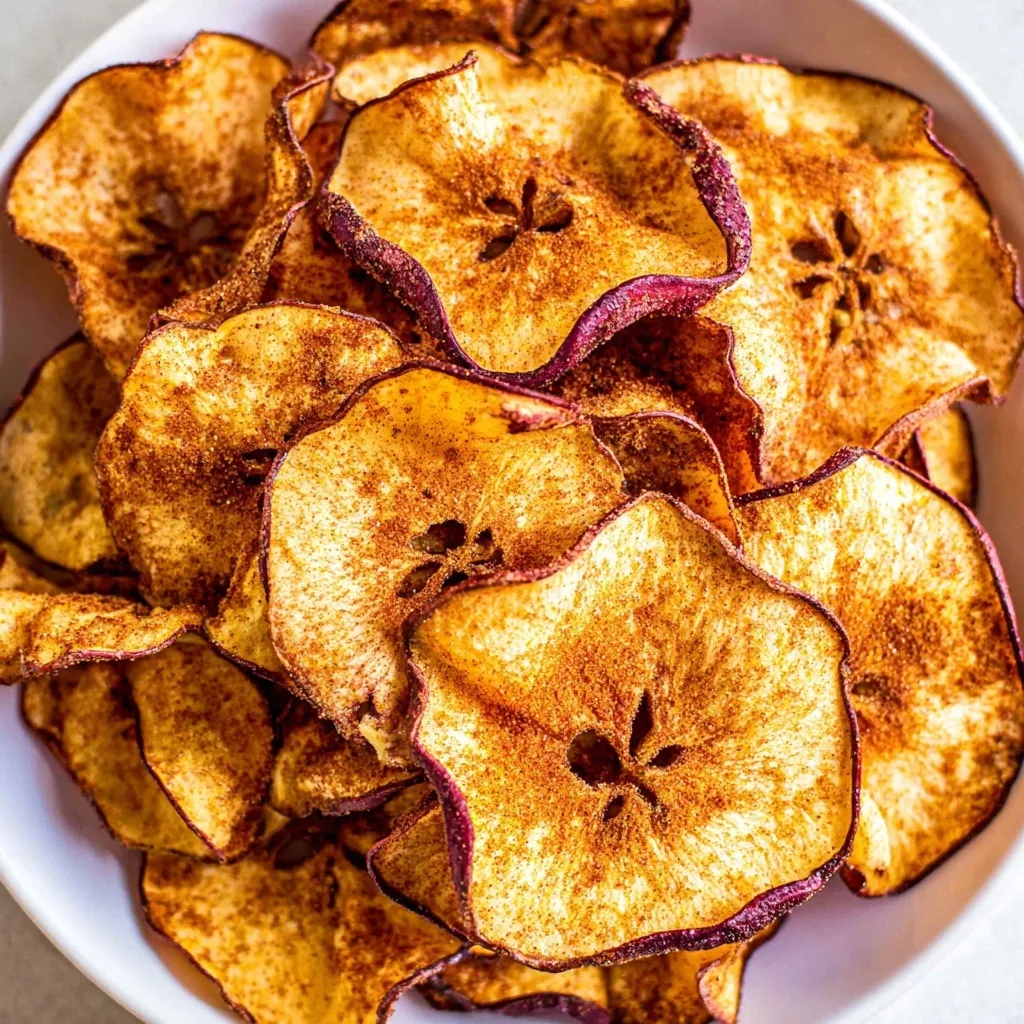 Golden homemade apple chips in a white bowl close-up