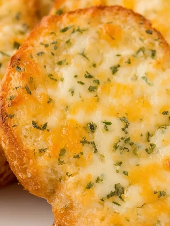 Golden cheesy Texas toast with parsley served on a white plate