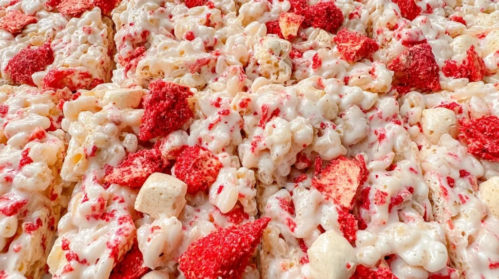 Close-up of gooey strawberry Rice Krispies with melted marshmallows and freeze-dried strawberry pieces