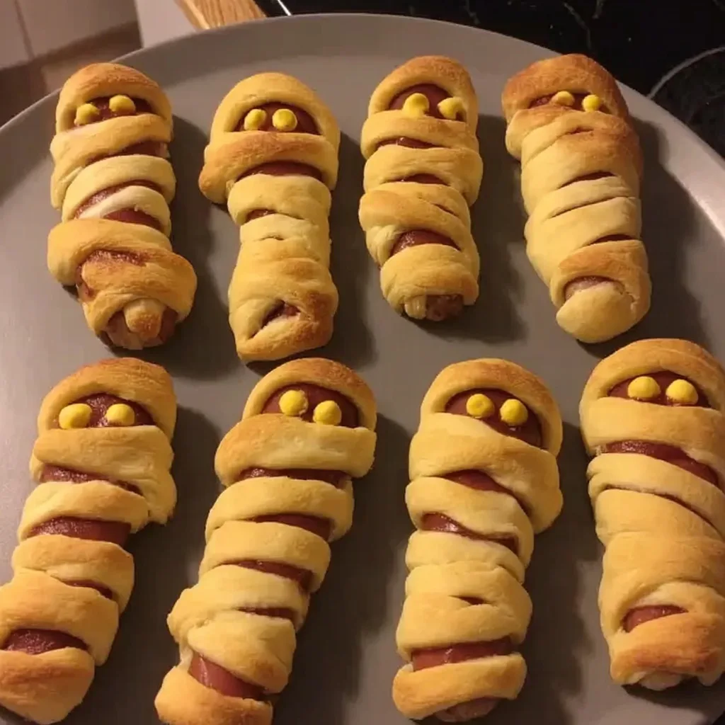 Baked hot dogs wrapped in crescent roll dough with mustard eyes to look like Halloween mummies.